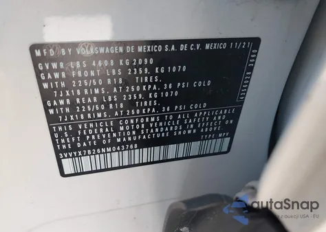 2022 Volkswagen Taos 1.5T Se из США, поврежденный, VIN 3VVYX7B26NM043768